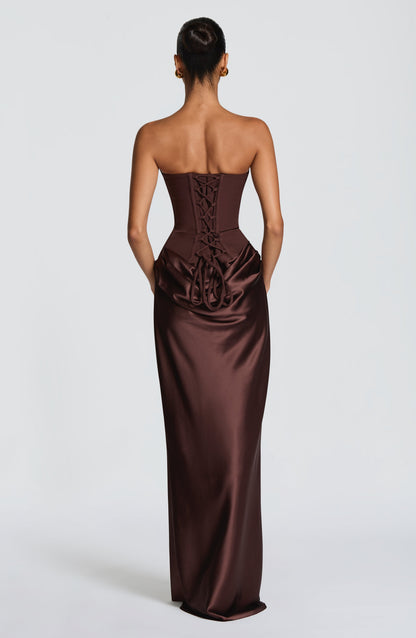 Women cowl strapless maxi dress, detail close-up