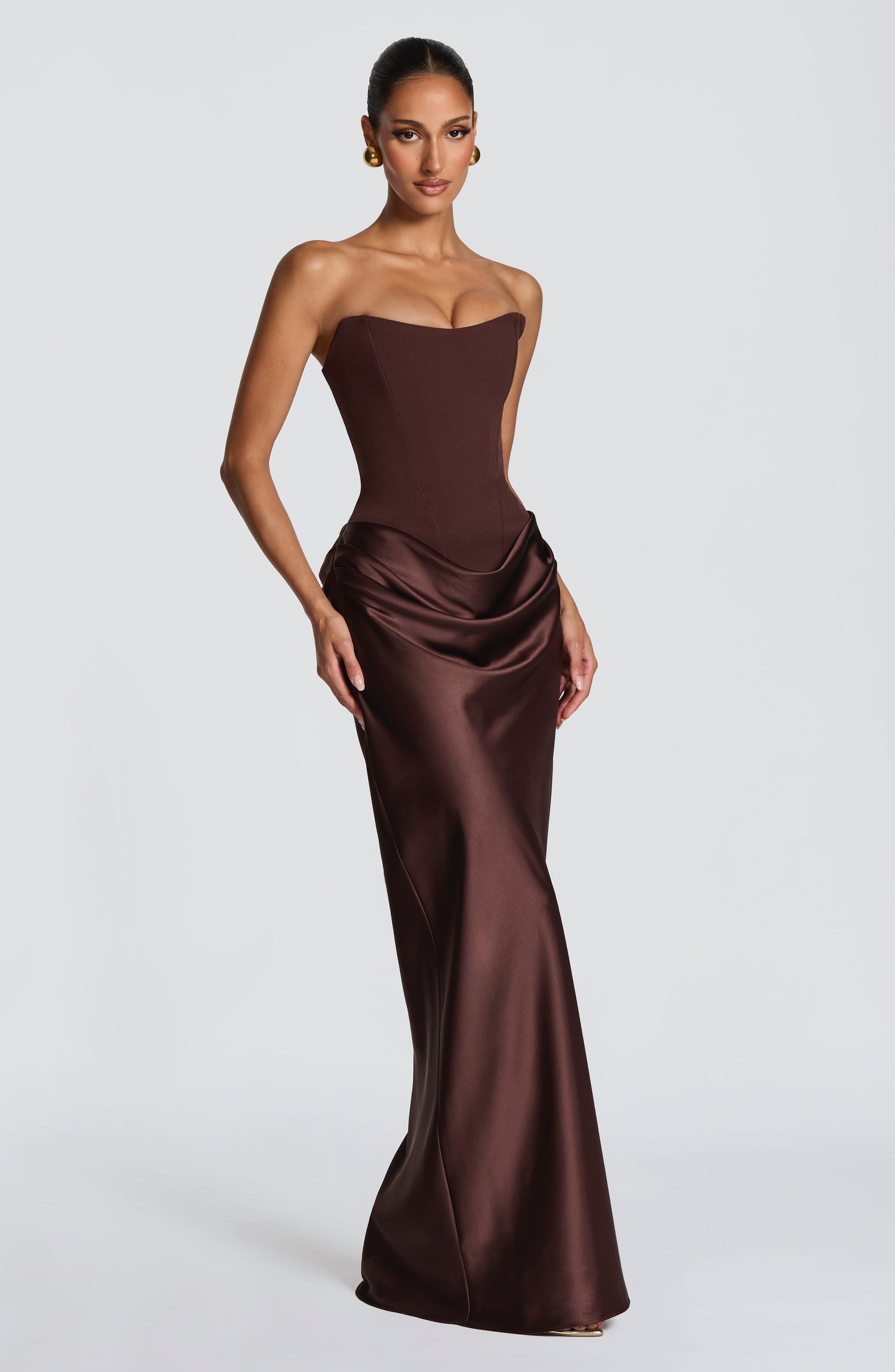 Women cowl strapless maxi dress, front view