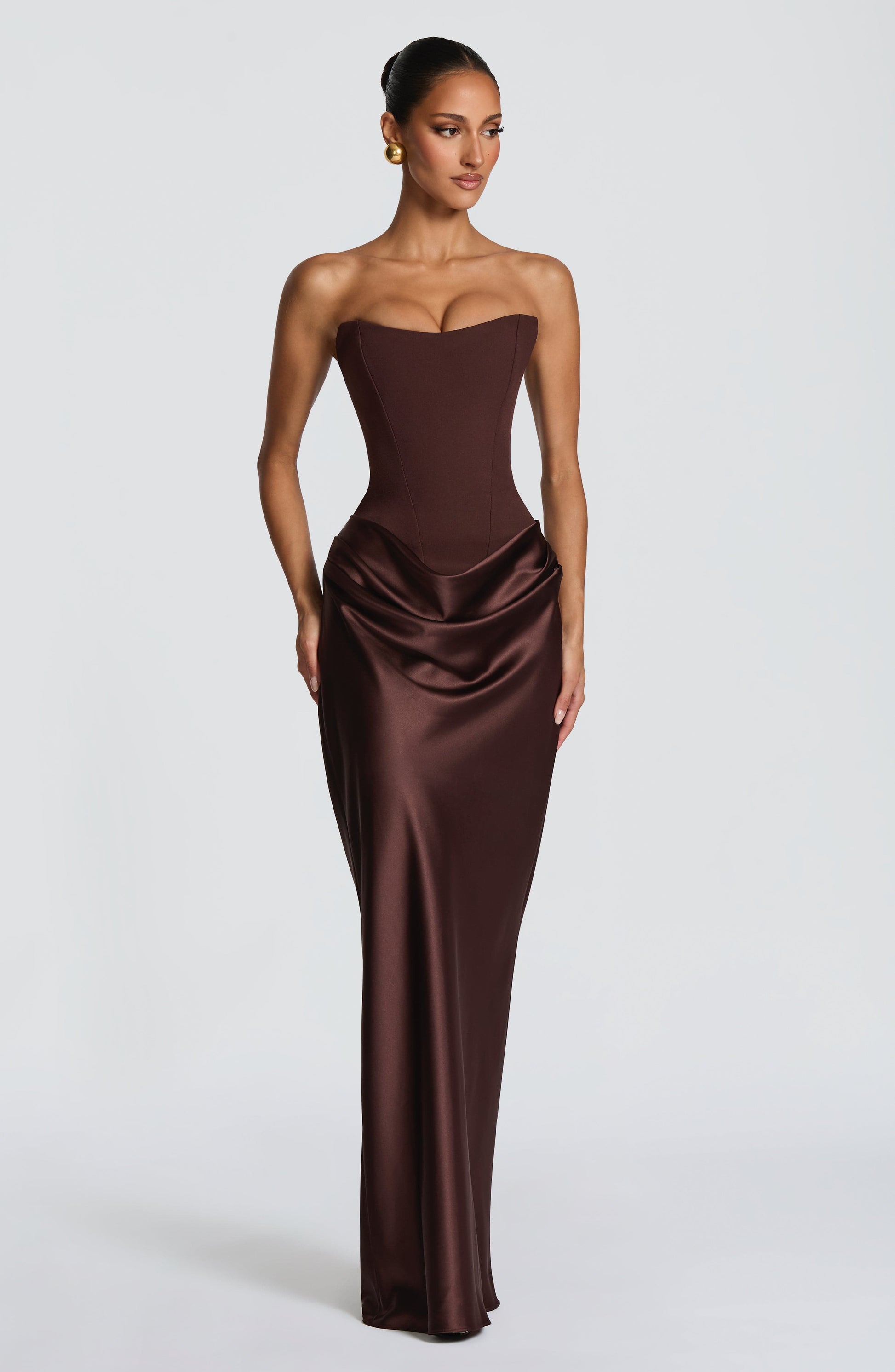 Women cowl strapless maxi dress, side view