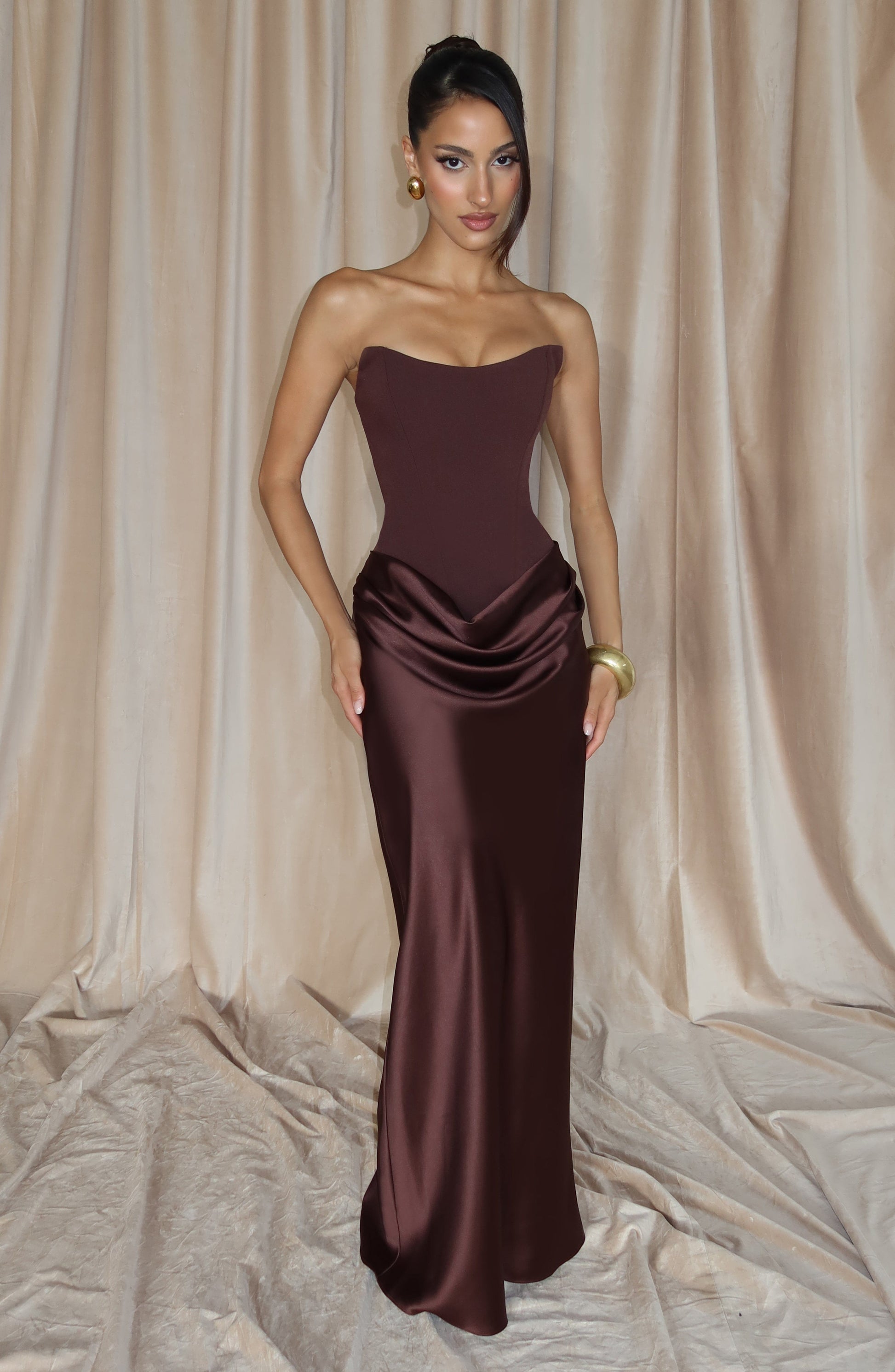 Women cowl strapless maxi dress, back view