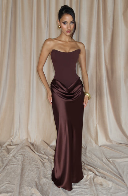 Women cowl strapless maxi dress, back view