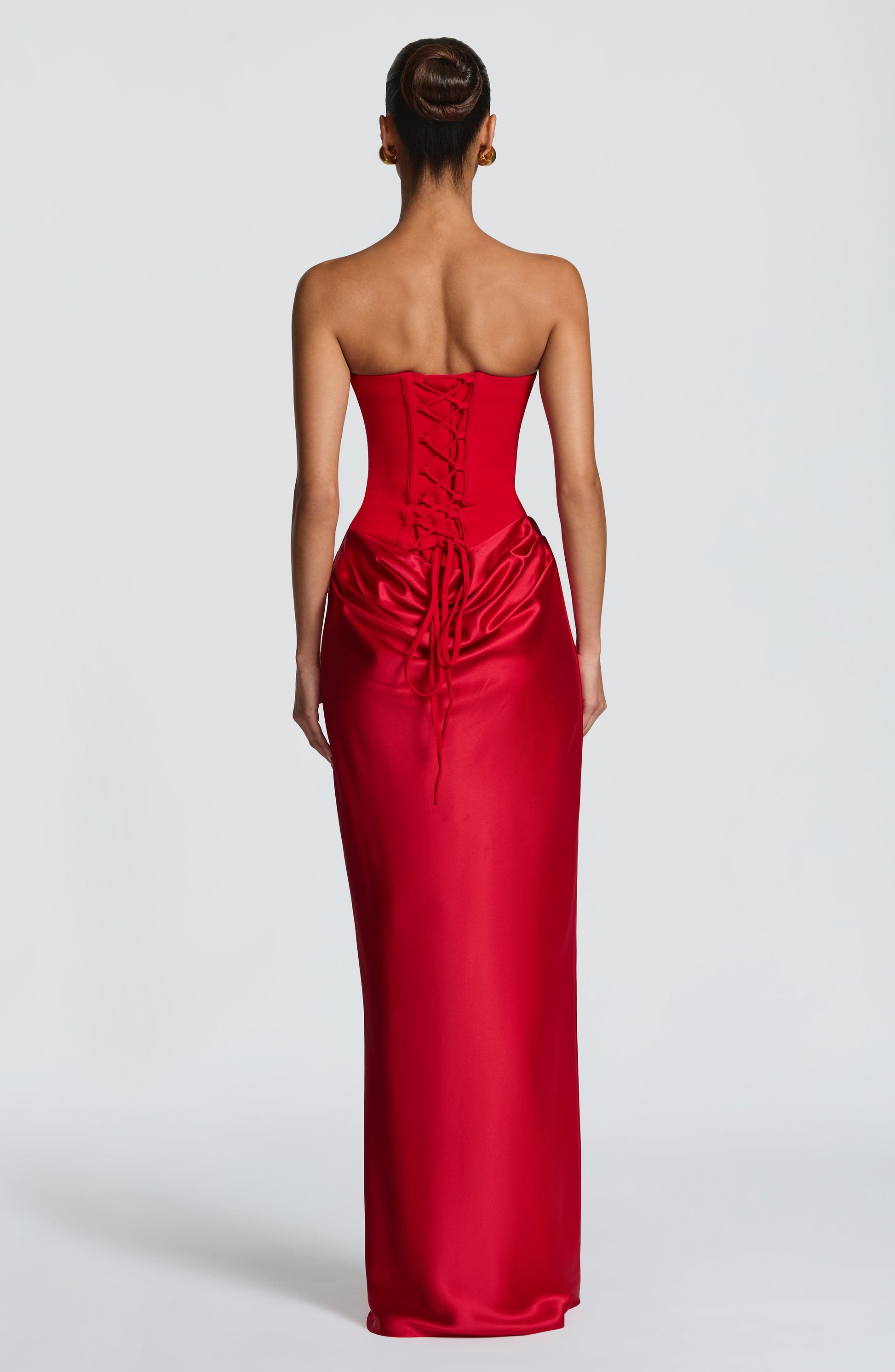 Women red cowl strapless maxi dress, back view