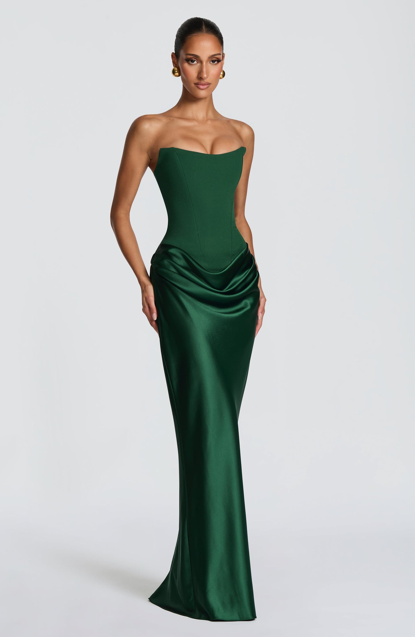 Women cowl strapless maxi dress, detail close-up