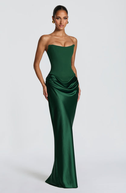 Women cowl strapless maxi dress, detail close-up