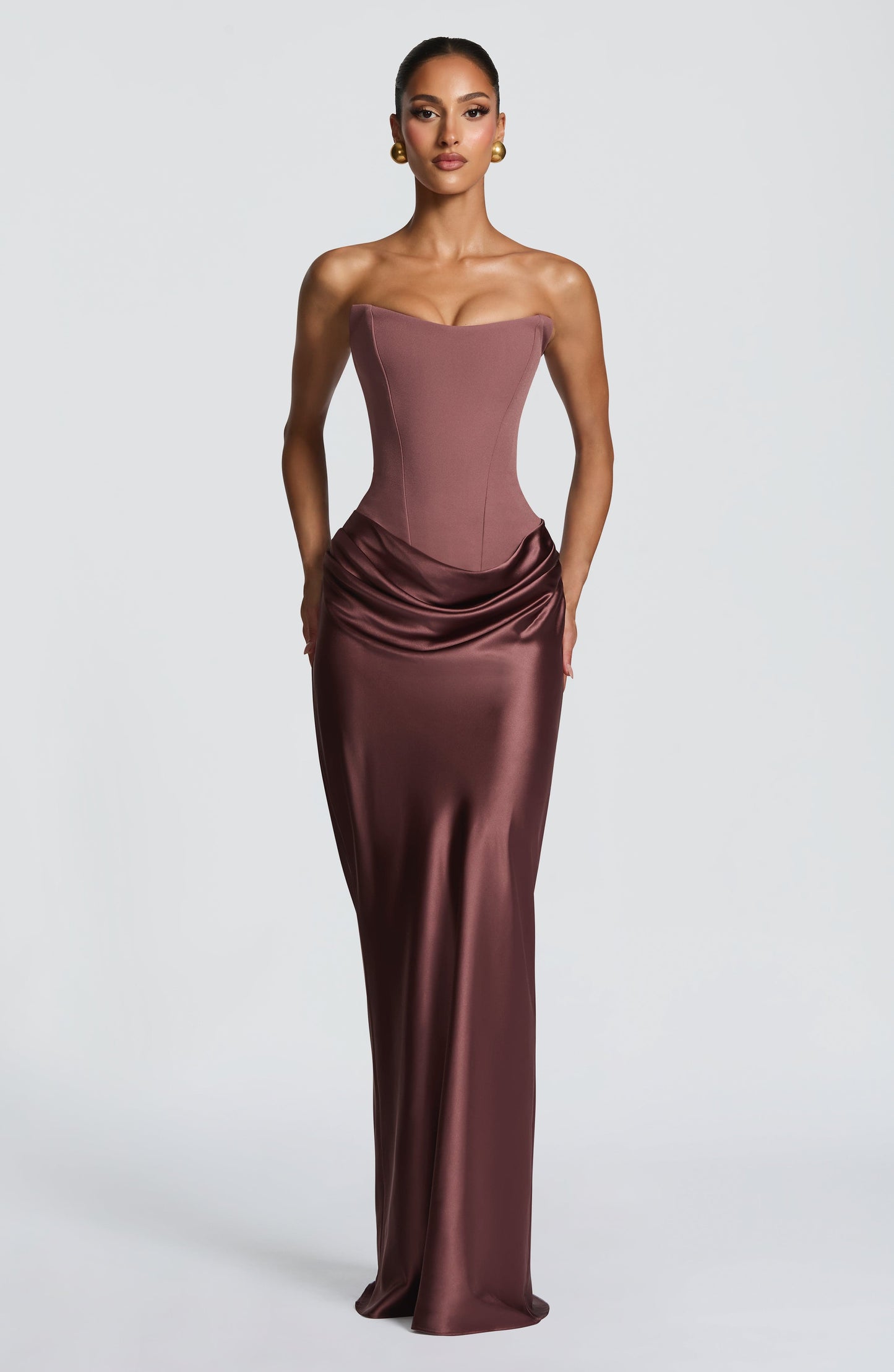 Women cowl strapless maxi dress, side view