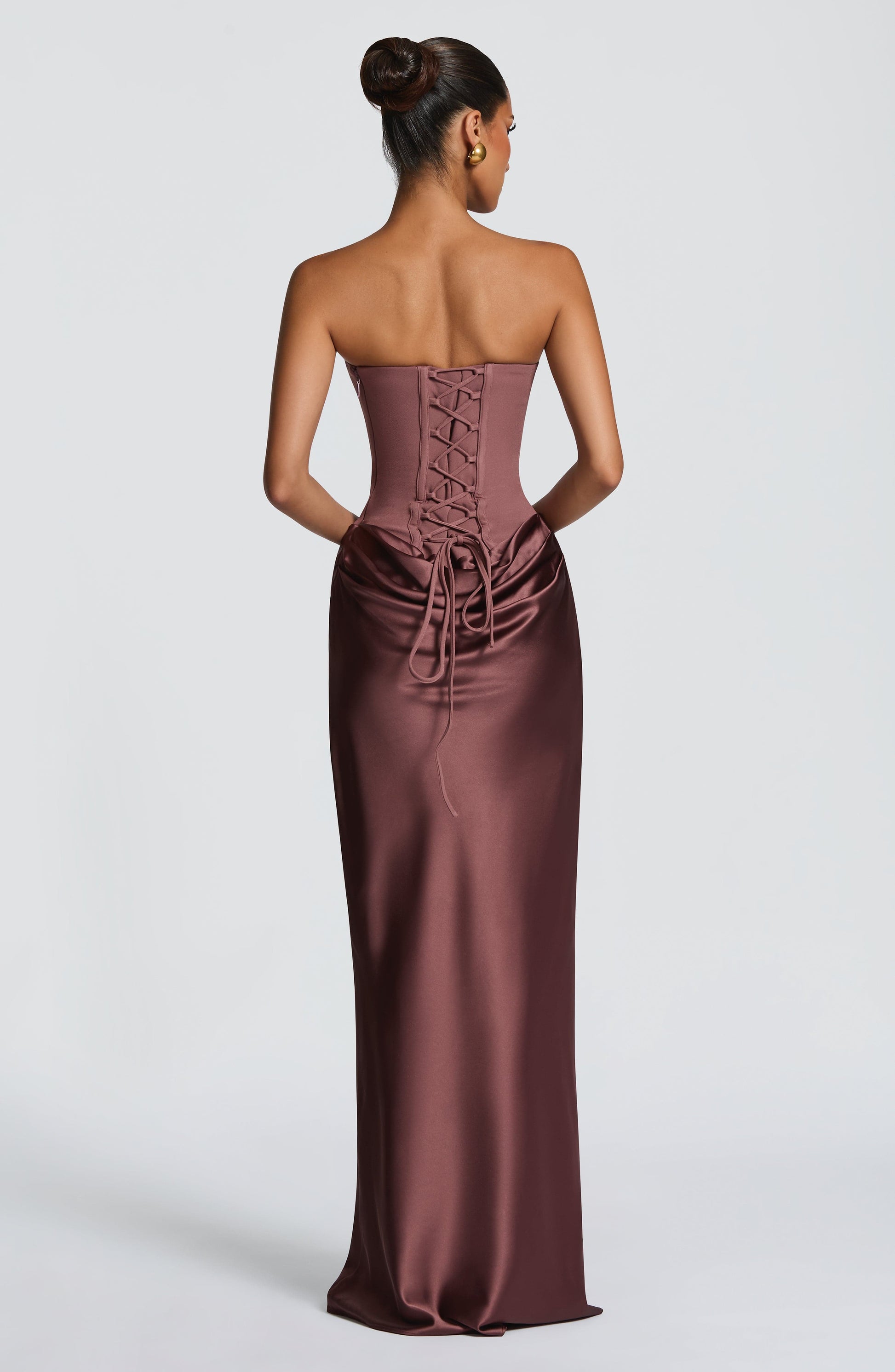 Women cowl strapless maxi dress, detail close-up