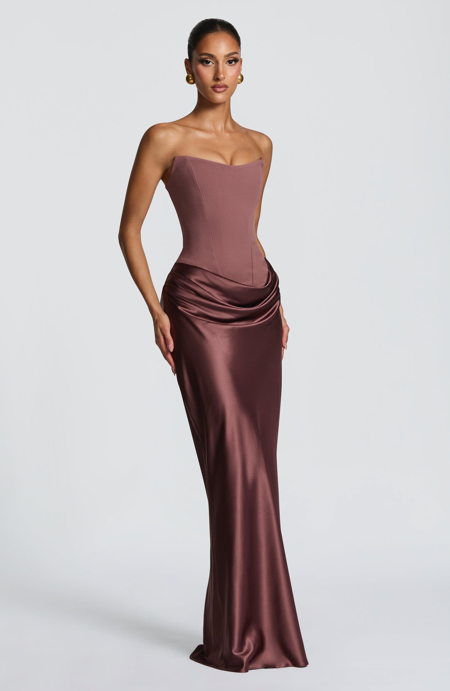 Women cowl strapless maxi dress, front view