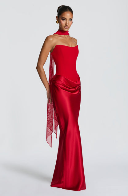 Women red cowl strapless maxi dress, side view