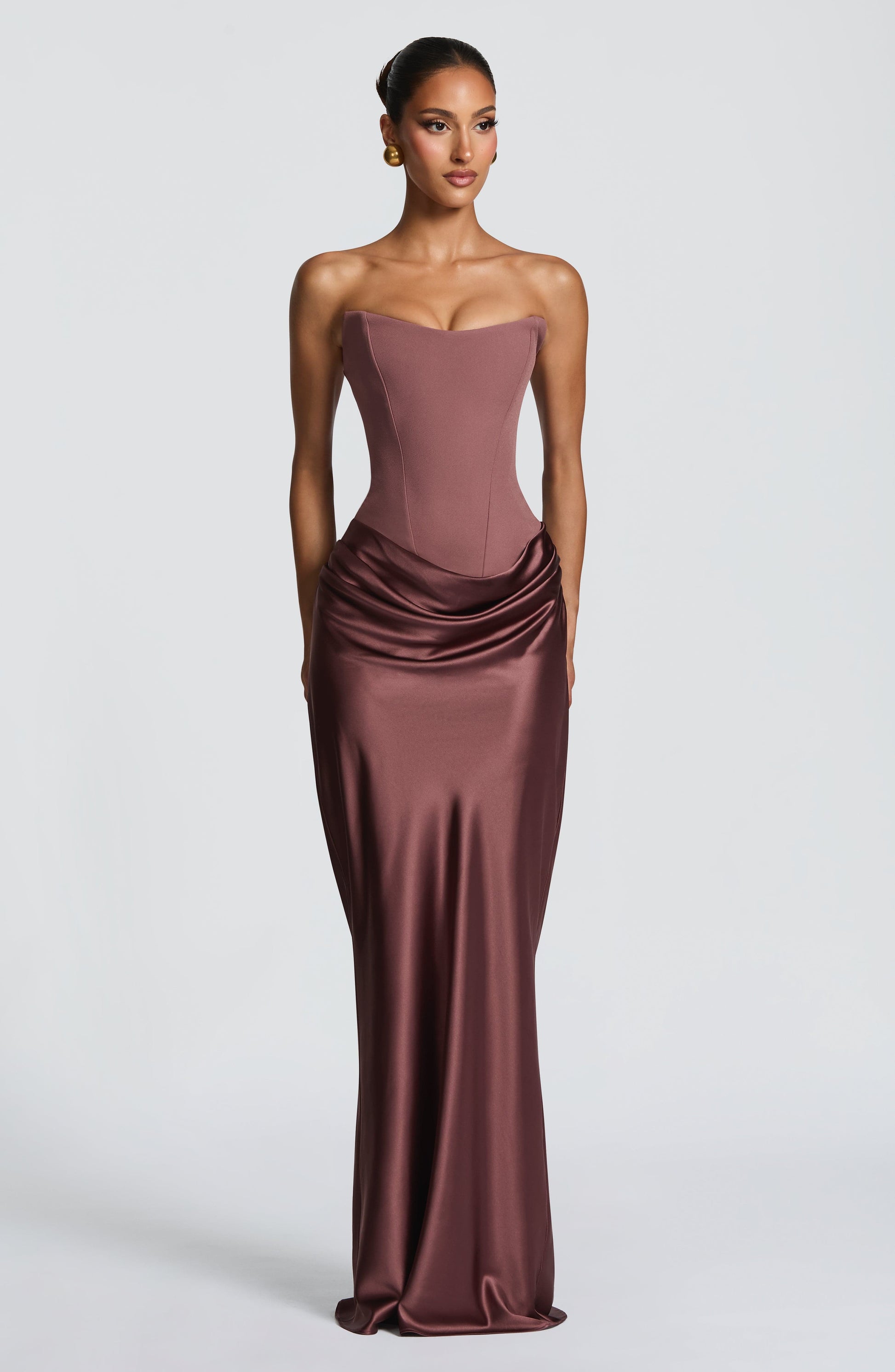 Women cowl strapless maxi dress, front view