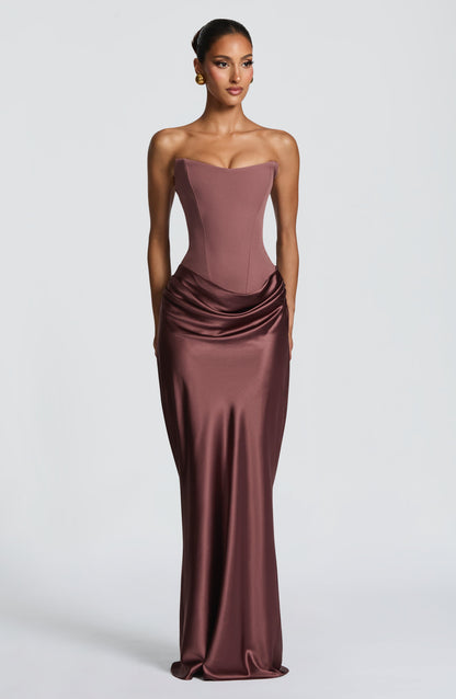 Women cowl strapless maxi dress, front view