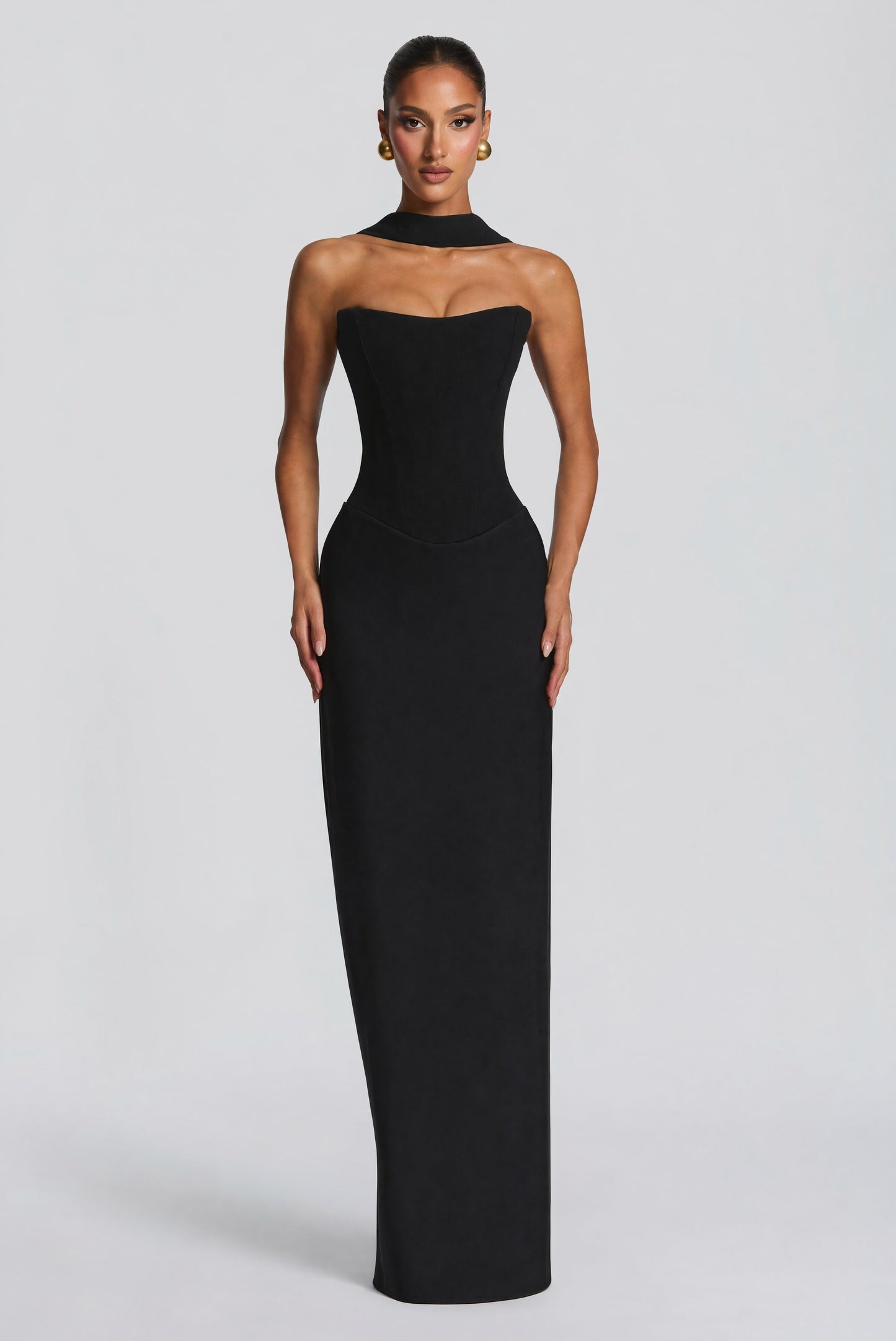 Women black cowl strapless maxi dress, back view