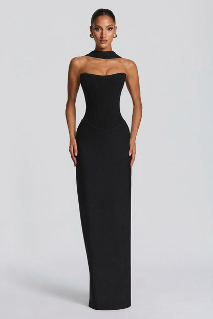 Women black cowl strapless maxi dress, back view