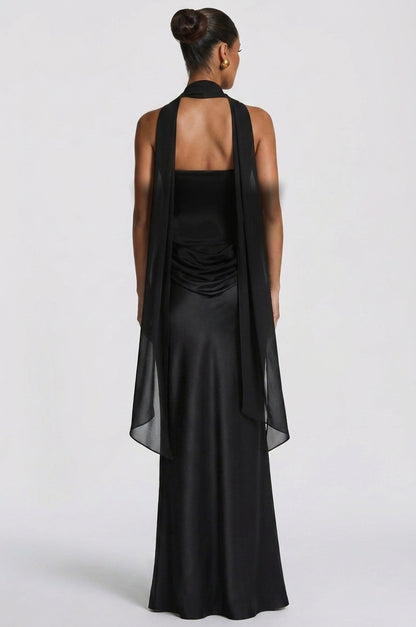 Women black cowl strapless maxi dress, side view