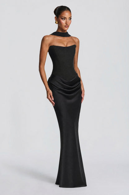 Women black cowl strapless maxi dress, detail close-up