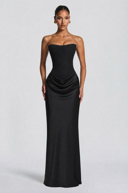 Women black cowl strapless maxi dress, front view