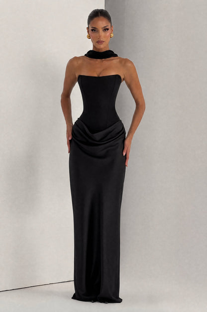Women black cowl strapless maxi dress, back view