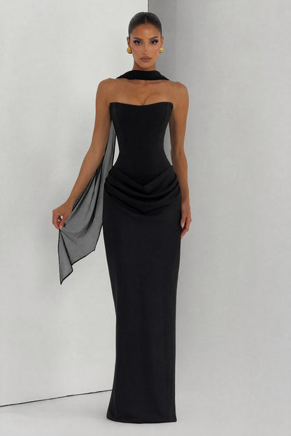 Women black cowl strapless maxi dress, side view