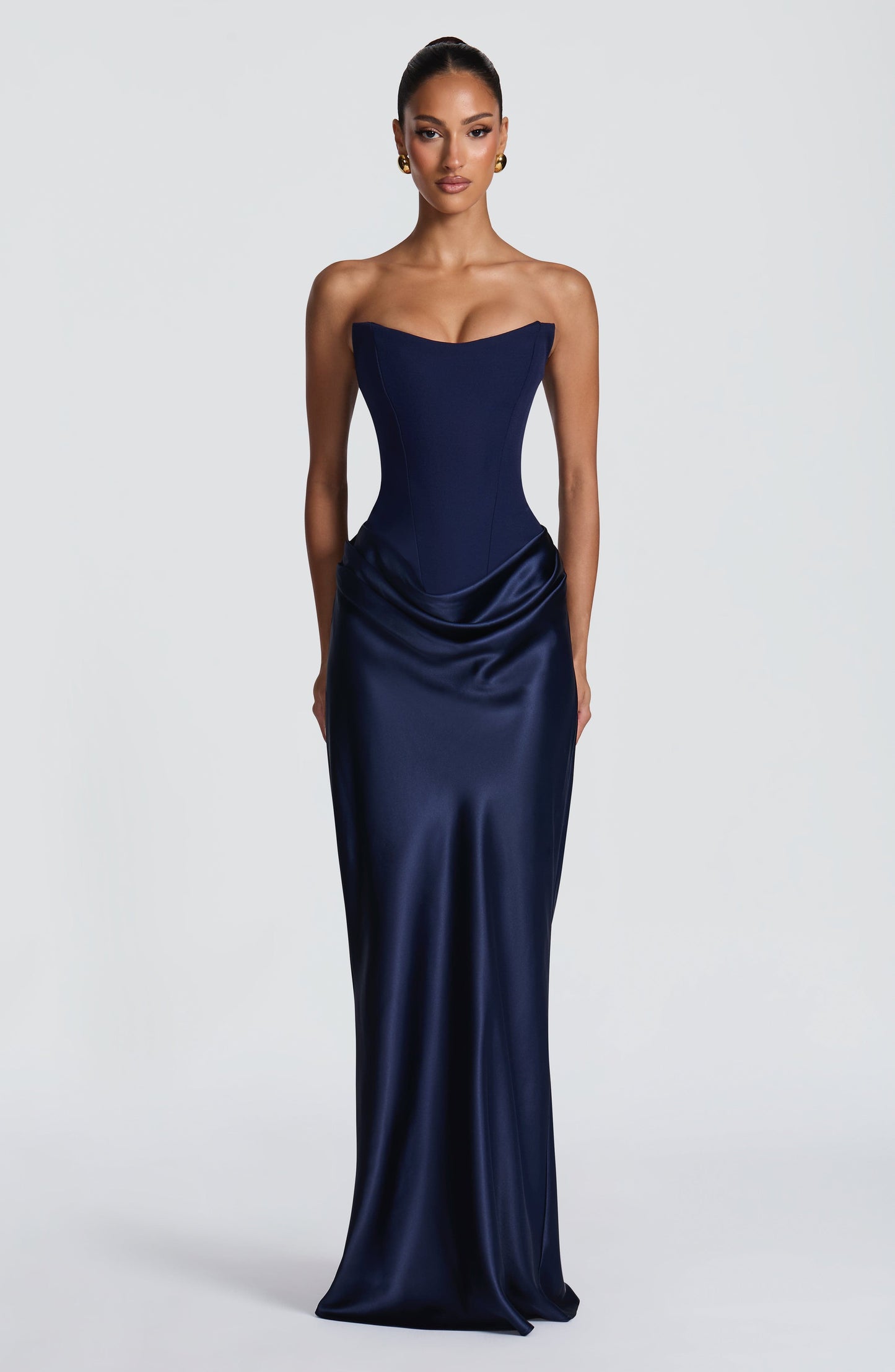 Women navy cowl strapless maxi dress, detail close-up