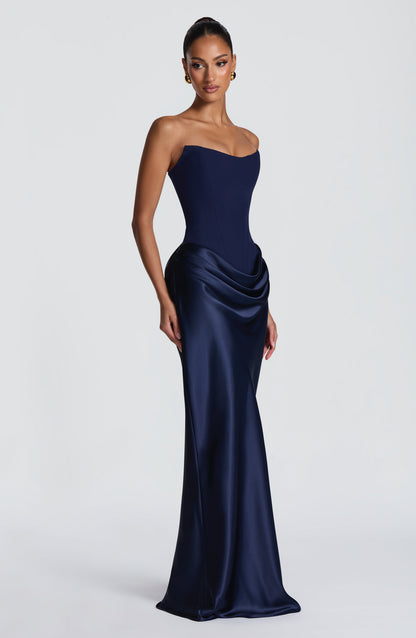 Women navy cowl strapless maxi dress, front view