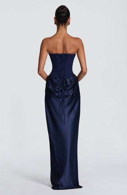 Women navy cowl strapless maxi dress, back view