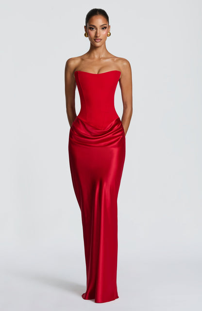 Women red cowl strapless maxi dress, back view