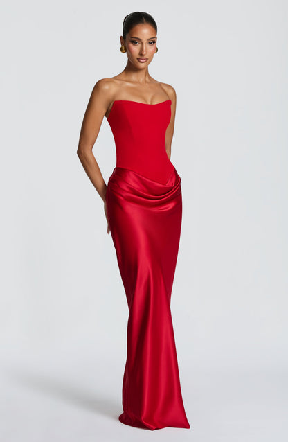 Women red cowl strapless maxi dress, side view