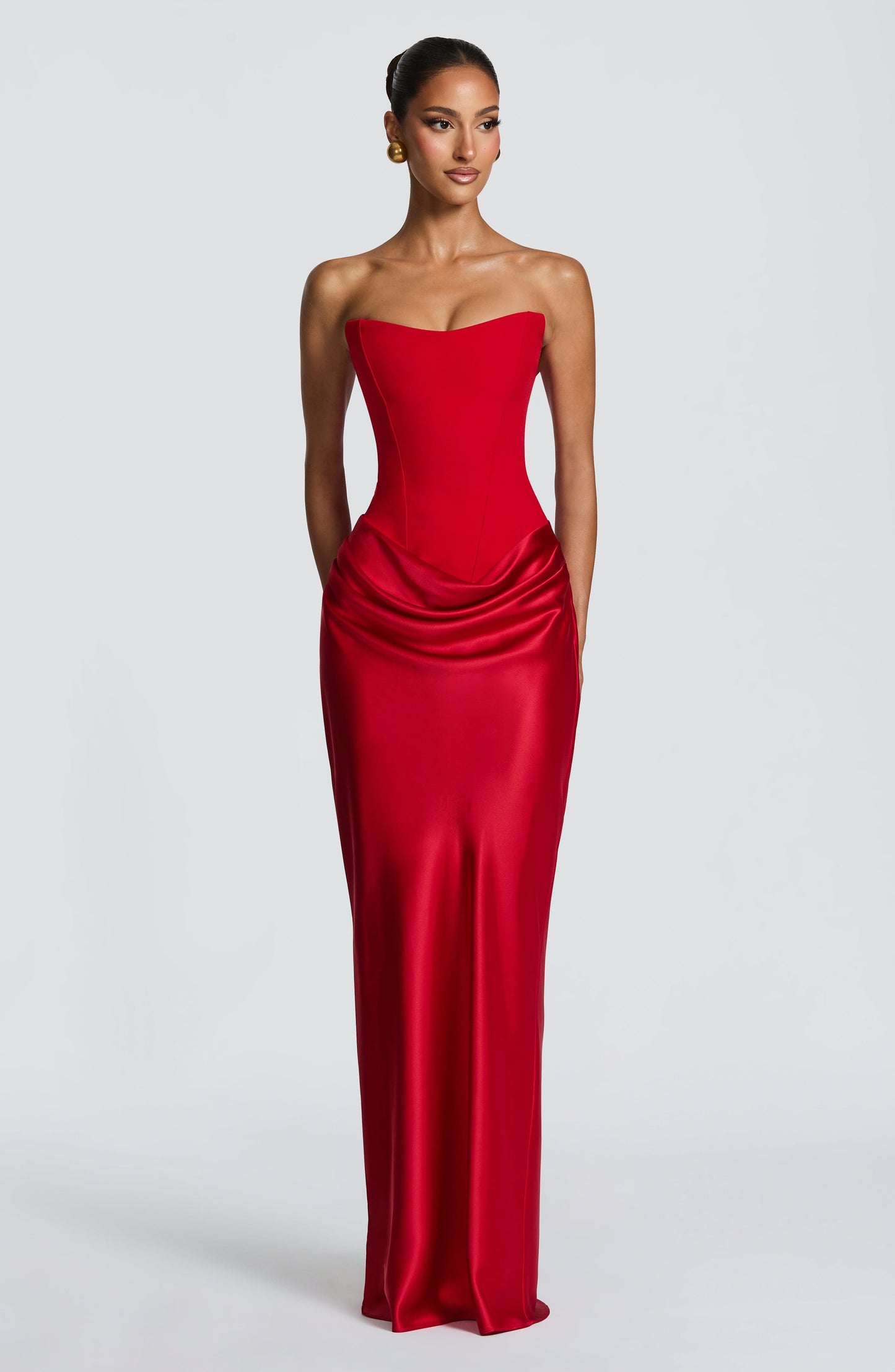 Women red cowl strapless maxi dress, detail close-up
