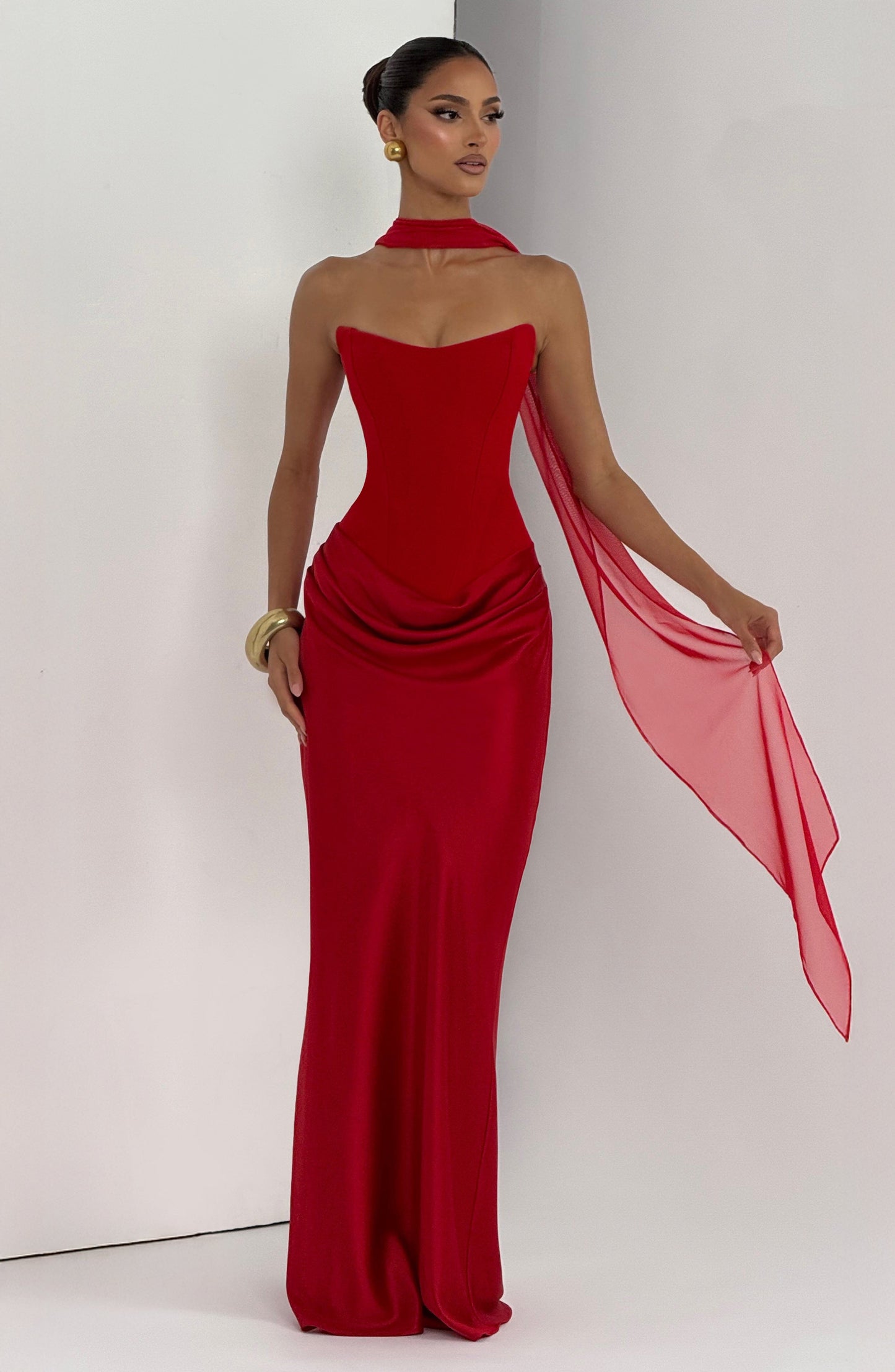 Women red cowl strapless maxi dress, front view