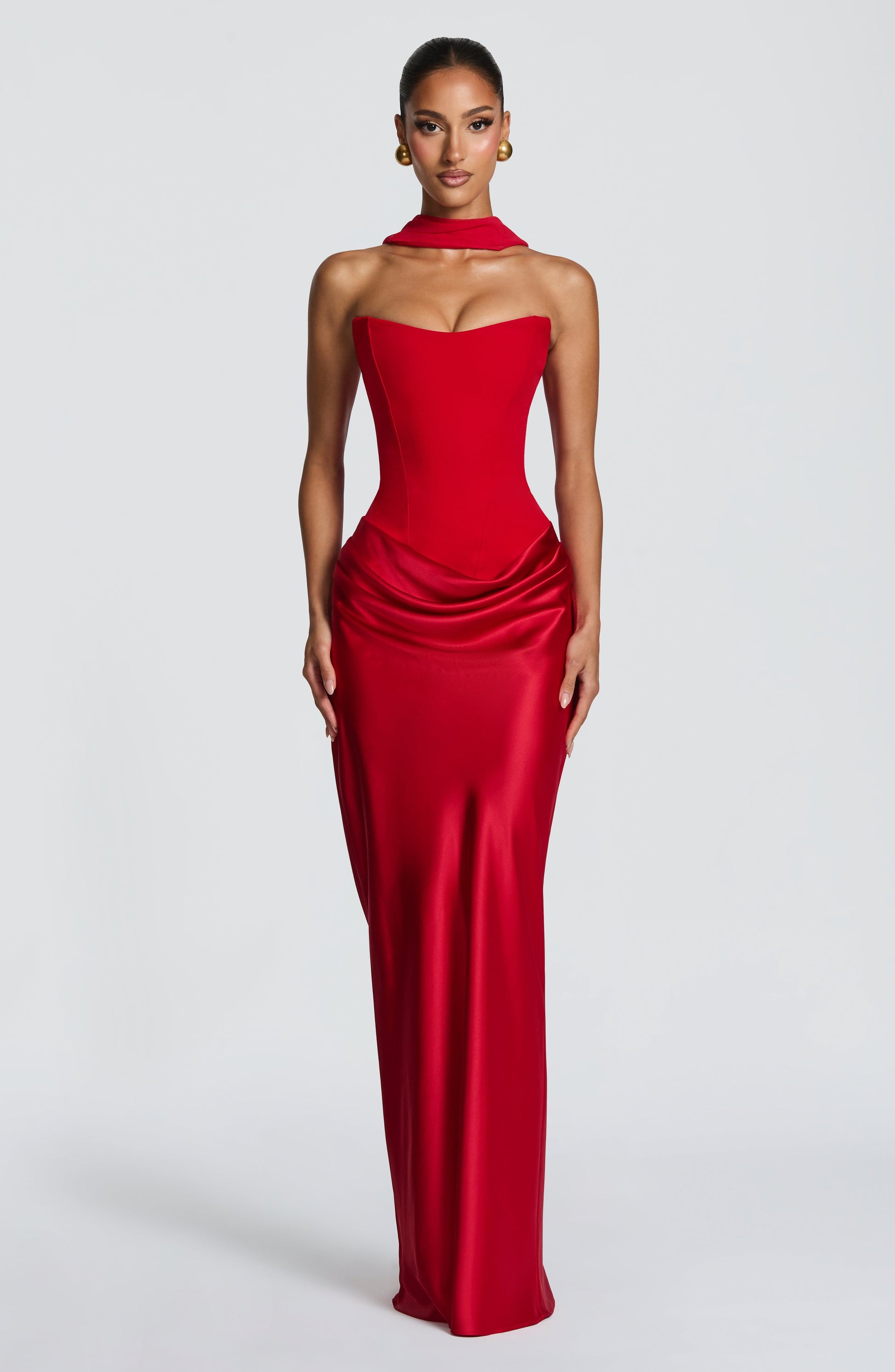Women red cowl strapless maxi dress, front view