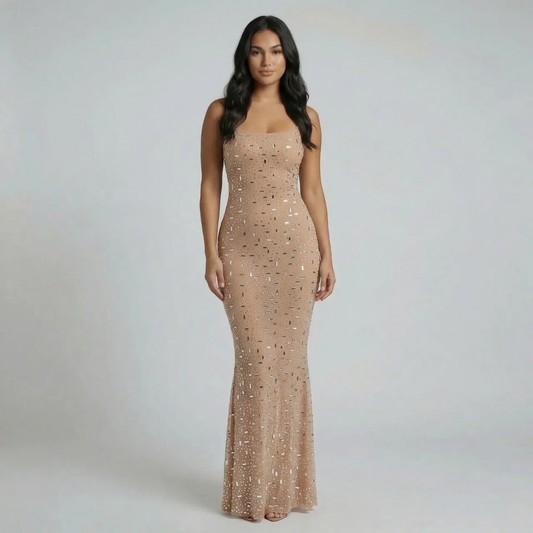 Tan sequin maxi dress with spaghetti straps and straight neckline — front view highlighting sculpted fit.