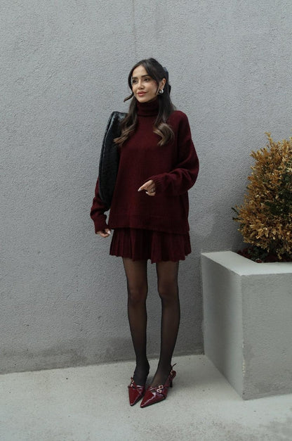 Women burgundy turtleneck high neck set, back view