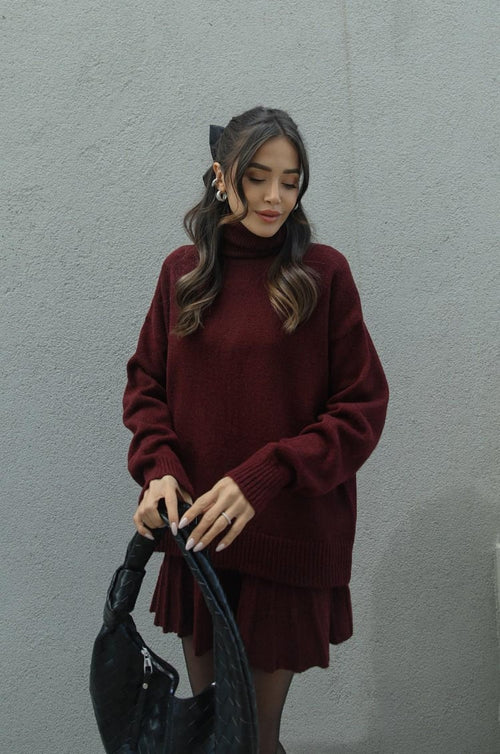 Women burgundy turtleneck high neck set, front view