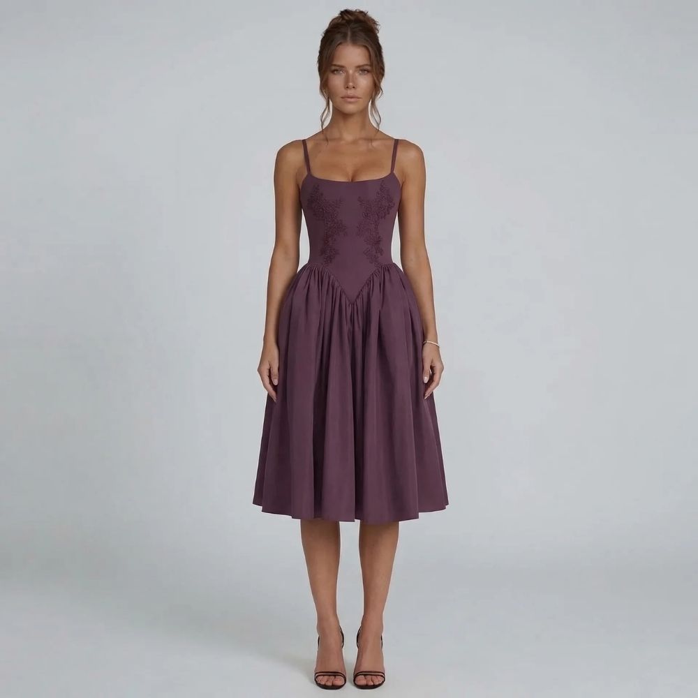 Purple lace fit-and-flare midi dress — front angle highlighting square neckline and pleated skirt.
