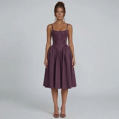 Purple lace fit-and-flare midi dress — front angle highlighting square neckline and pleated skirt.
