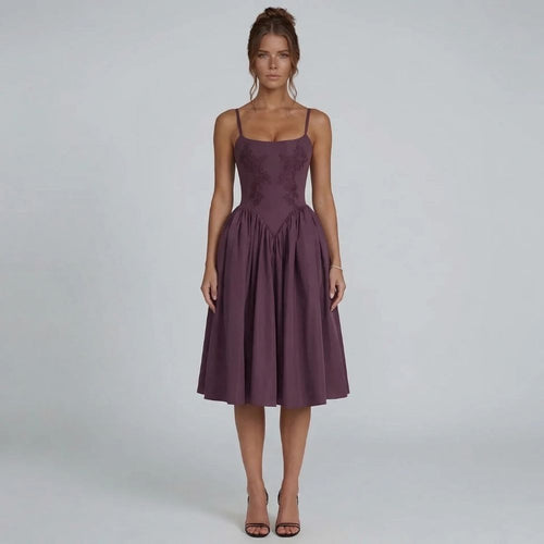 Purple lace fit-and-flare midi dress — front angle highlighting square neckline and pleated skirt.