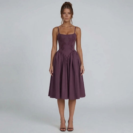 Purple lace fit-and-flare midi dress — front angle highlighting square neckline and pleated skirt.