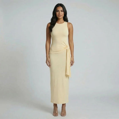 Beige sleeveless tie maxi set with scoop-neck tank—front view showcasing relaxed fit and column silhouette.