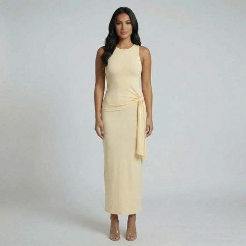 Beige sleeveless tie maxi set with scoop-neck tank—front view showcasing relaxed fit and column silhouette.