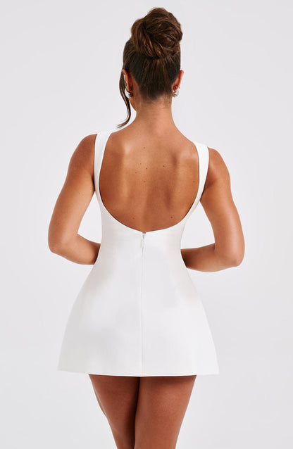 Women ivory scoop mini dress, detail close-up