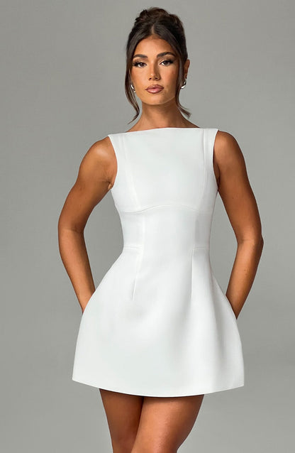 Women ivory scoop mini dress, front view