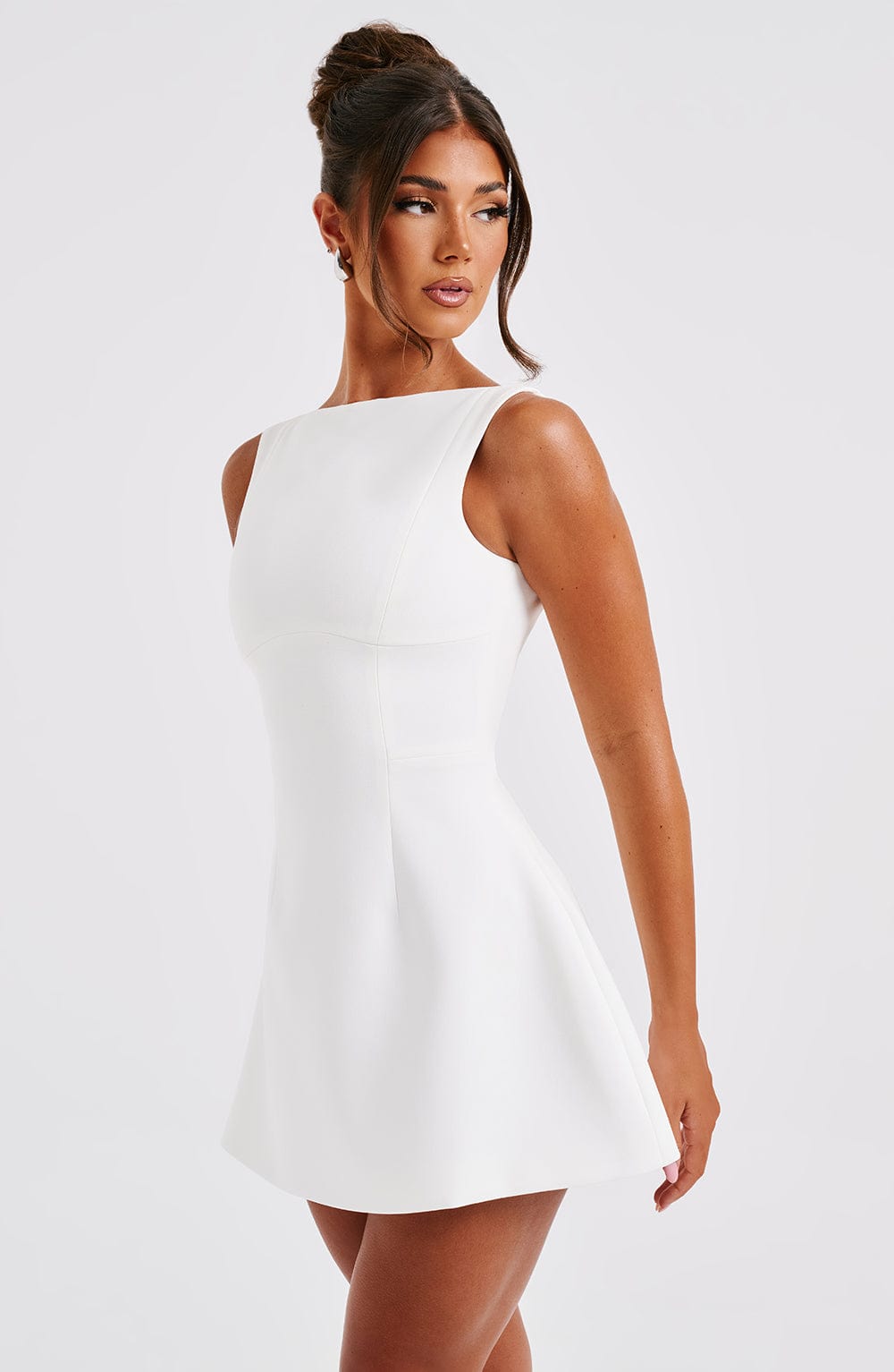 Women ivory scoop mini dress, back view