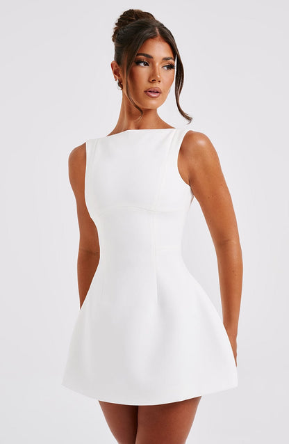 Women ivory scoop mini dress, detail close-up