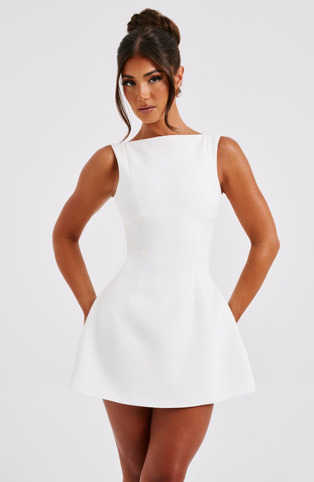Women ivory scoop mini dress, front view