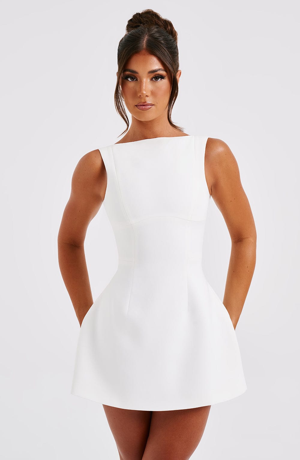 Women ivory scoop mini dress, back view