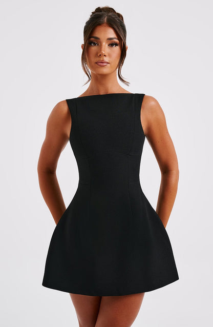 Women black scoop mini dress, detail close-up