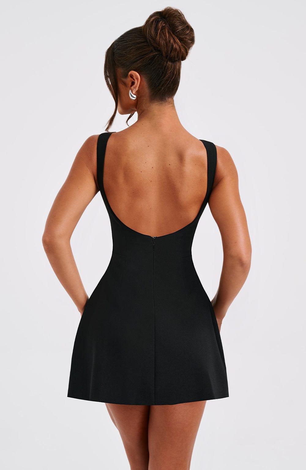 Women black scoop mini dress, front view