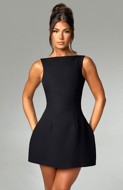 Women black scoop mini dress, front view