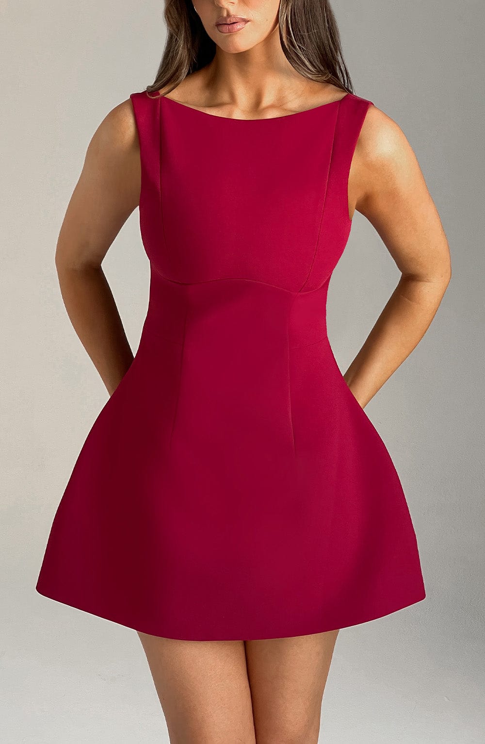 Women scoop mini dress, side view