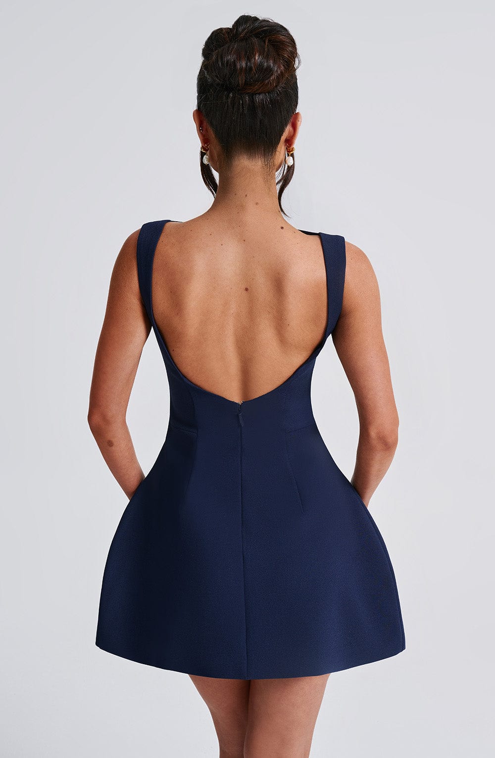 Women navy scoop mini dress, back view