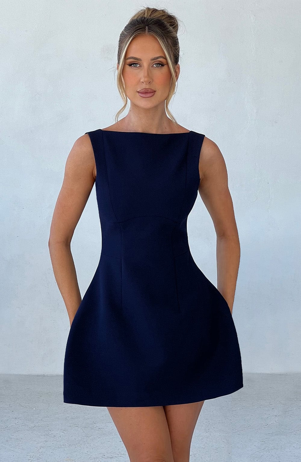 Women navy scoop mini dress, detail close-up